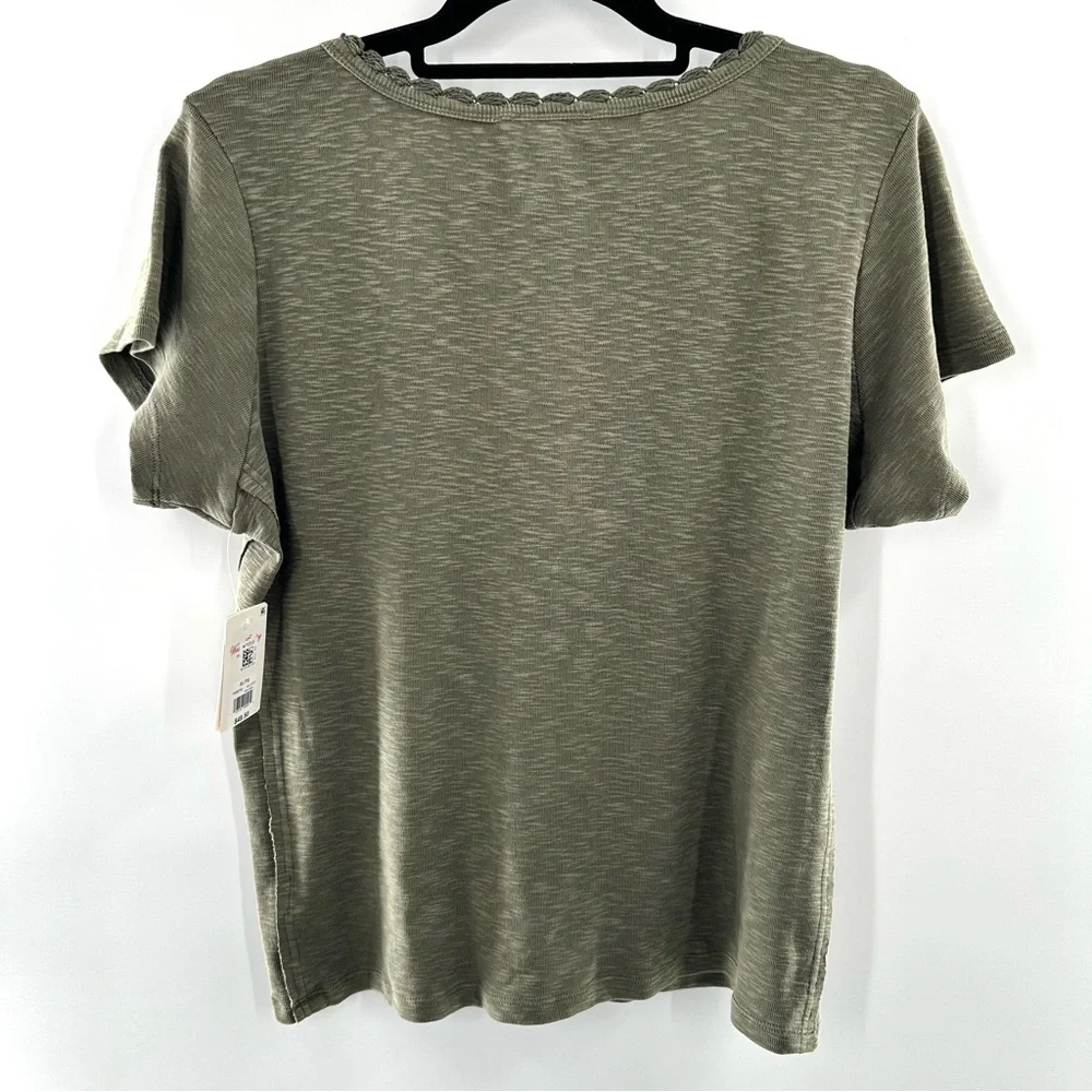 Lucky Brand Green Henley Short Sleeve Cotton T-Shirt with Crochet Trim Size XL - Picture 2 of 7